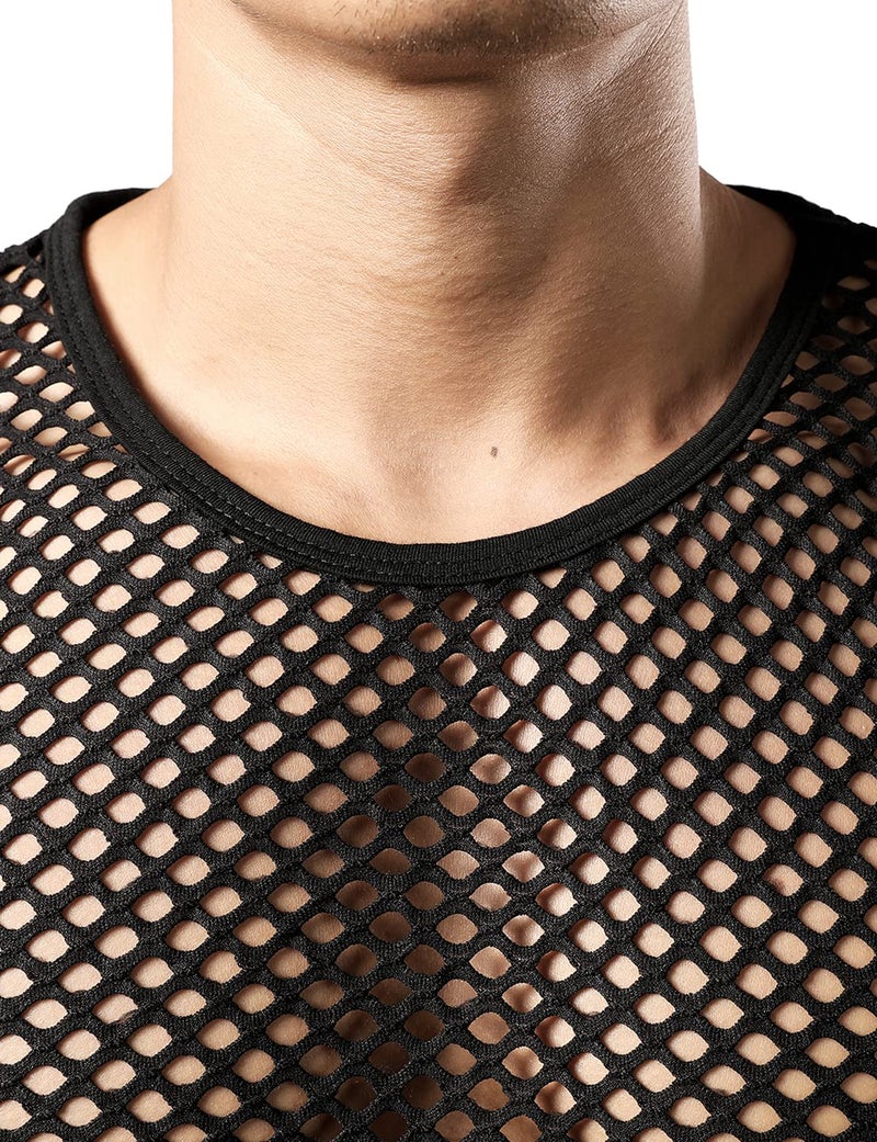 JOGAL Men's Mesh Fishnet Fitted Sleeveless Muscle Top Medium WG01 Black - Image 5